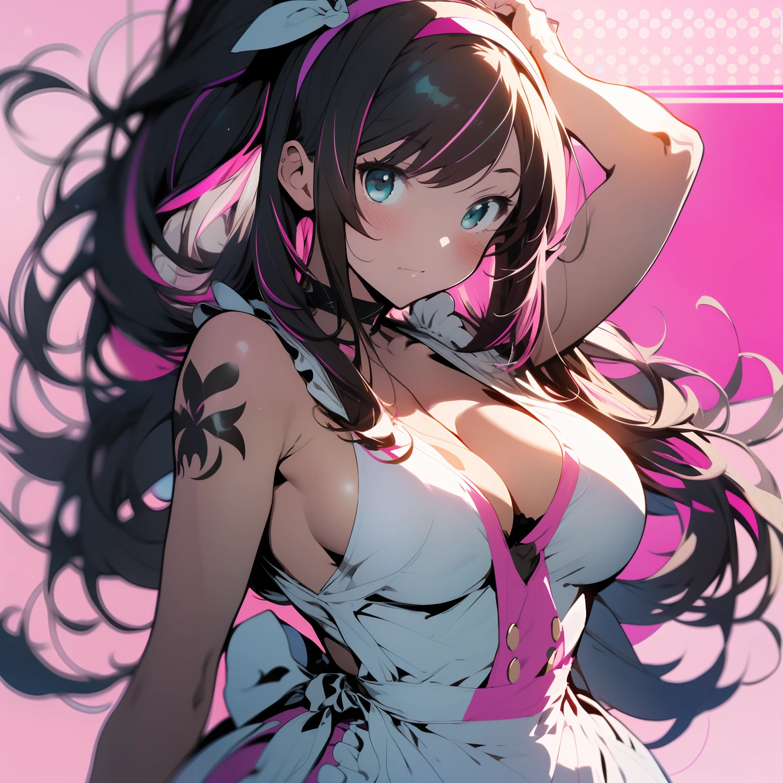 masterpiece, best quality, highres, 1girl, kizuna ai, large breasts ,long hair, brown hair, multicolored hair, floating hair, pink hairband, pink highlights, streaked hair, naked, apron, leaning forward, cleavage , looking at viewer, tattoo on breasts, bare arms, pink and white pattern background