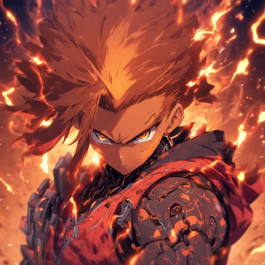 male with robotic arms wearing sleeveless hoodie, has brown eyes, brown ponytail, crackling energy,