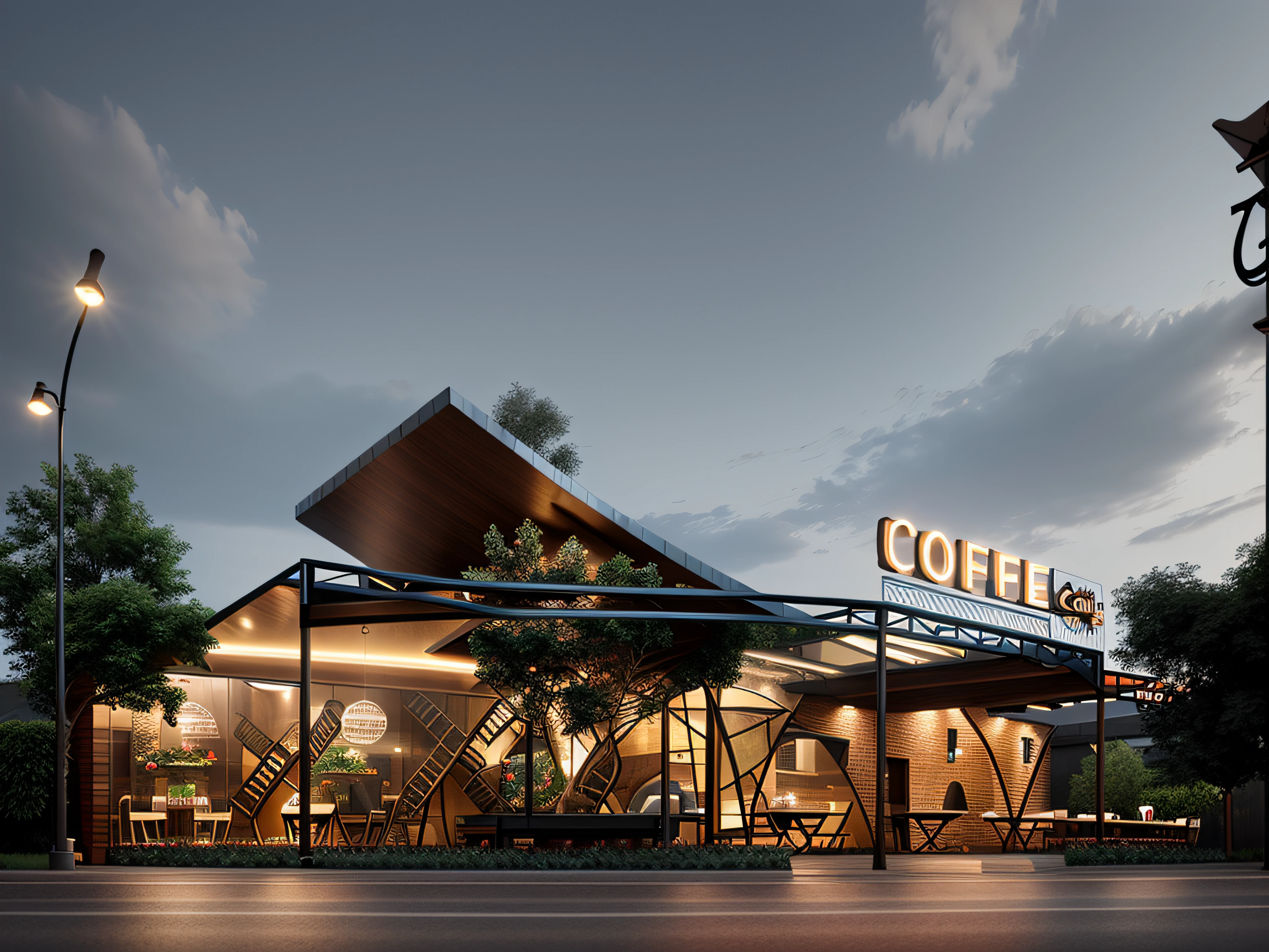 The coffee shop, best quality, masterpiece, (hyper realistic, photo-realistic:1.2), high quality, perfect lighting,
Main materials: brick, iron, glass (dynamic light), corner street, the road,Warm light from indoor,folding canvas roof