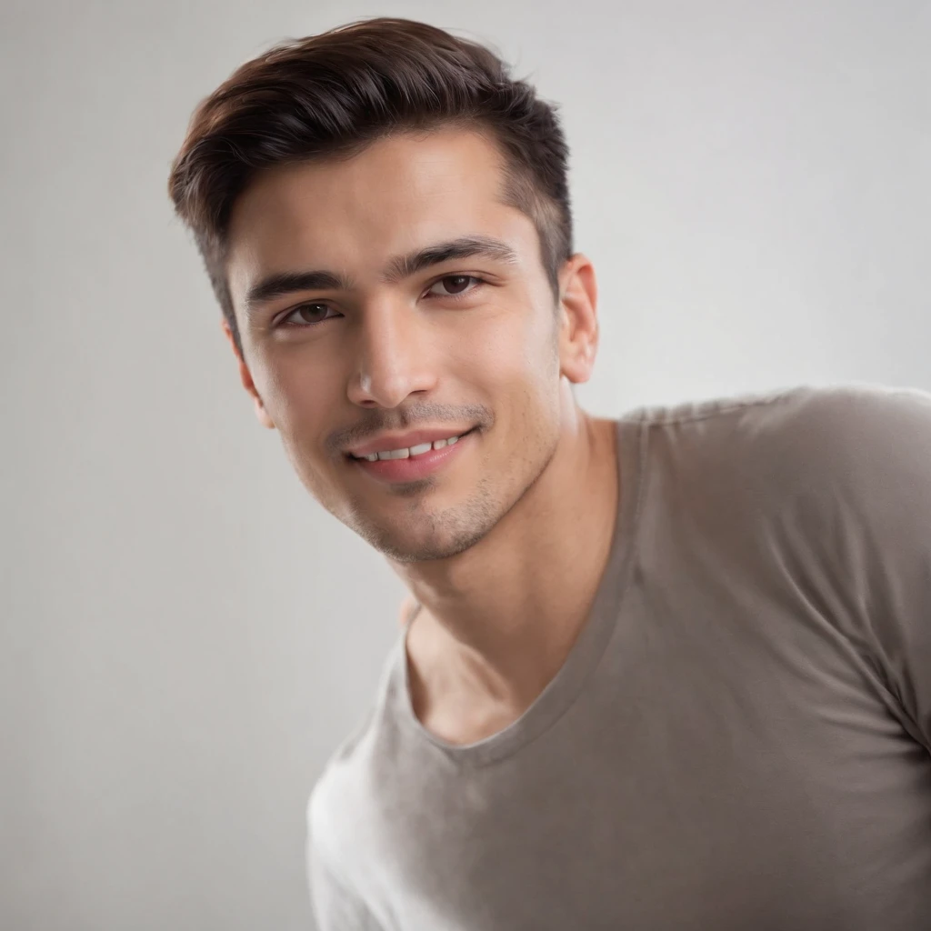 (photo: 1.3) af (realism: 1.3), (Hispanic), Latino man profile, (frontal close-up), soft light, clear face, happy, cheerful, warm light, white T-shirt, (off-white background), (blank background), ((gray wall background)) avatar, (short hair), smile, handsome, young,, short hair, smile, (close-up)