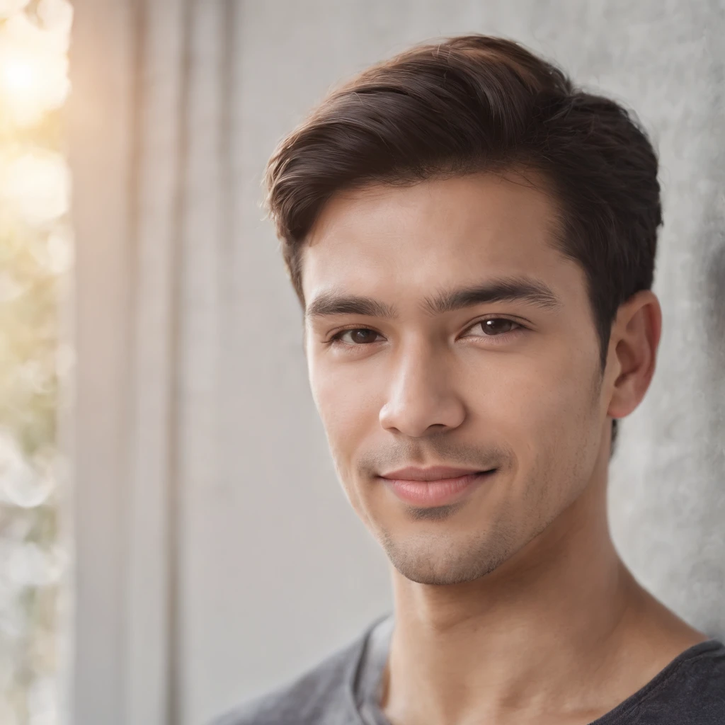 (photo: 1.3) af (realism: 1.3), (Hispanic), Latino man profile, (frontal close-up), soft light, clear face, happy, cheerful, warm light, white T-shirt, (off-white background), (blank background), ((gray wall background)) avatar, (short hair), smile, handsome, young,, short hair, smile, (close-up)