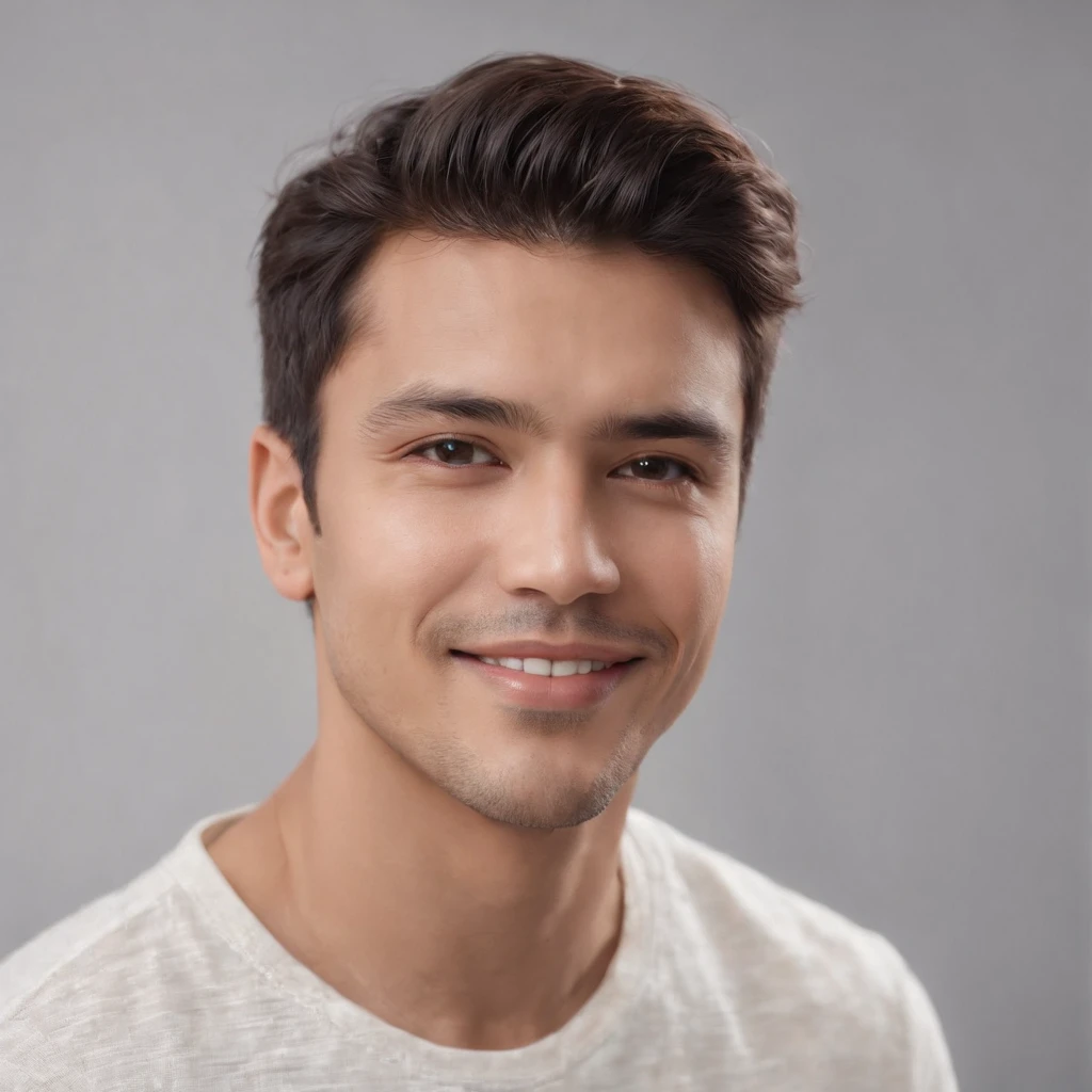 (photo: 1.3) af (realism: 1.3), (Hispanic), Latino man profile, (frontal close-up), soft light, clear face, happy, cheerful, warm light, white T-shirt, (off-white background), (blank background), ((gray wall background)) avatar, (short hair), smile, handsome, young,, short hair, smile, (close-up)