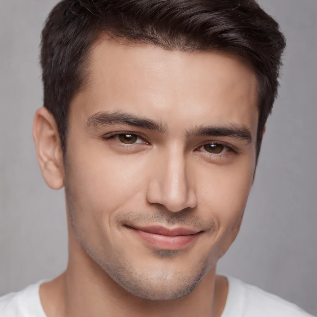 (photo: 1.3) af (realism: 1.3), (Hispanic), Latino man profile, (frontal close-up), soft light, clear face, happy, cheerful, warm light, white T-shirt, (off-white background), (blank background), ((gray wall background)) avatar, (short hair), smile, handsome, young,, short hair, smile, (close-up)
