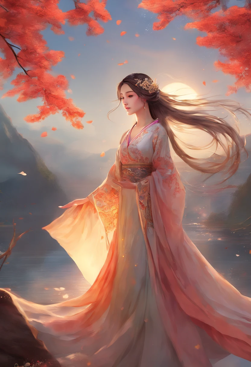 best quality, masterpiece, highres, (exquisite body: 1.5), beautiful face, (milky skin: 1.3), intricate details, high resolution, wallpaper, 1girl, solo, dress, hair ornament, ((((golden and red dress))), flowers, long hair, brown hair, closed mouth, jewelry, long sleeves, hand up, wide sleeves, big eyes, floating hair, chinese clothes, hanfu, embroidery, long skirt, natural pose, falling petals, interior, fanning, flashlight, 16K, HDR, highres, depth field, (film grain: 1.1), boken, golden hour, (lens flare), vignette, rainbow, (color rating: 1.5)