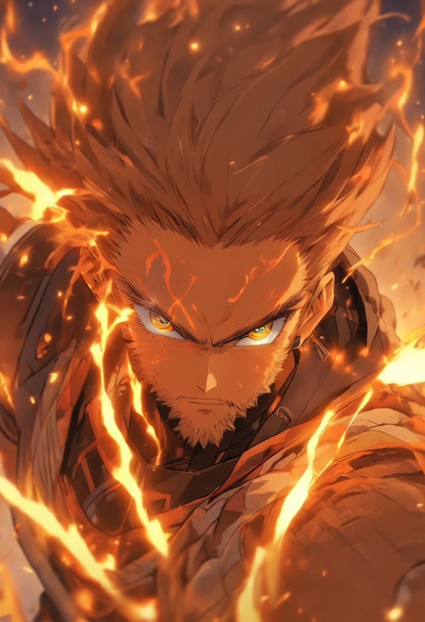 male with robotic arms wearing sleeveless hoodie, has brown eyes, brown ponytail, crackling energy, has light beard