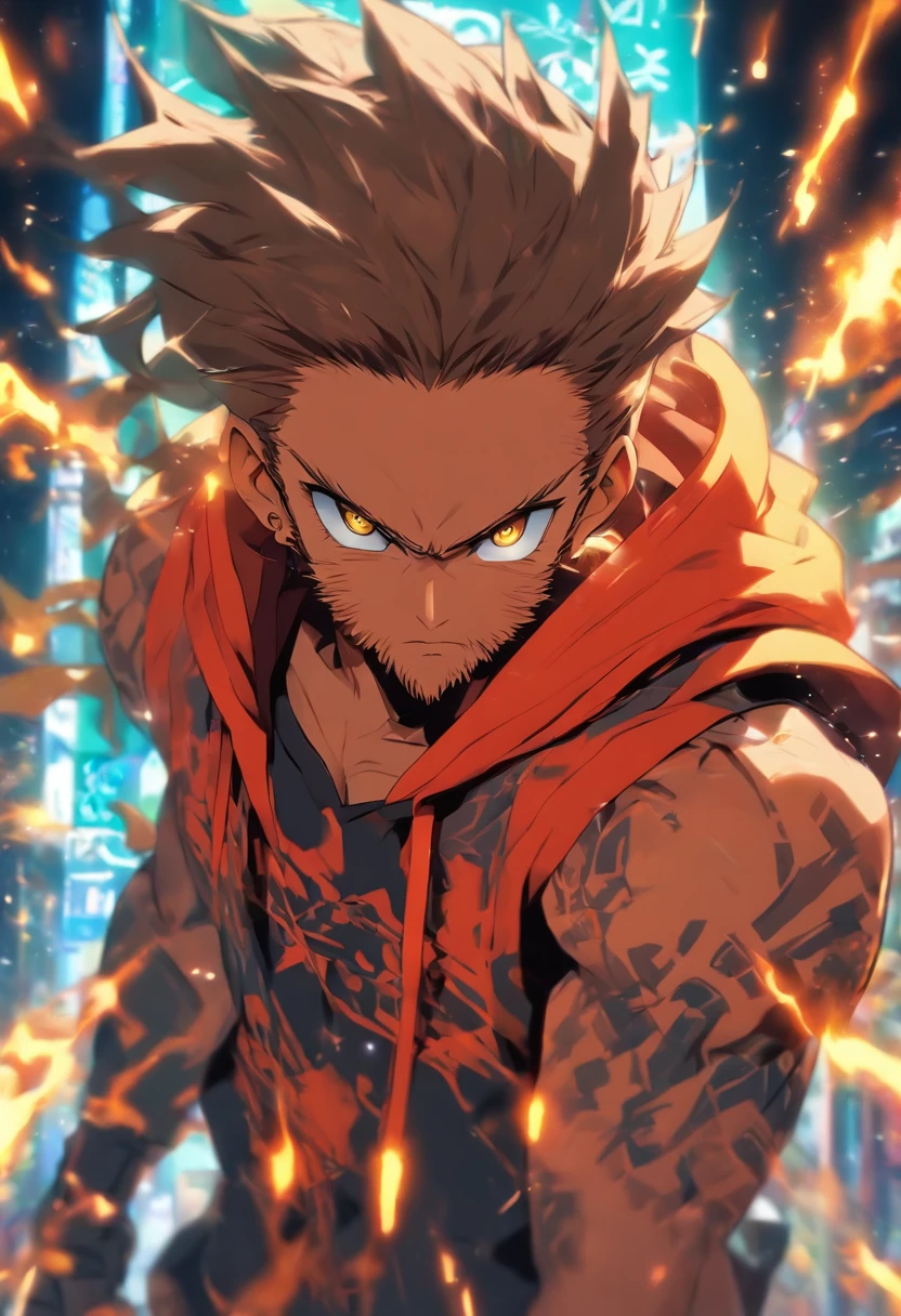 male with robotic arms wearing sleeveless hoodie, has brown eyes, brown ponytail, crackling energy, has light beard