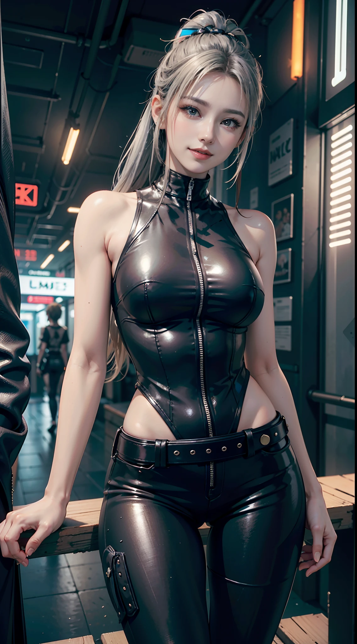 Lolita, smiling, 20 years old, ((best quality)), ((masterpiece)), (high definition:1.3), 3D, beautiful (cyberpunk:1.3), stylish woman looking at camera black leather clothes, sleeveless, embarrassed, waist skin invisible, blue-black leather pants, silver zipper,belt below the waist,super fine illustration,blond hair , showing forehead, silver center zipper, leather blue black bodysuit, sleevelesblue blacks, shiny, blonde ponytail