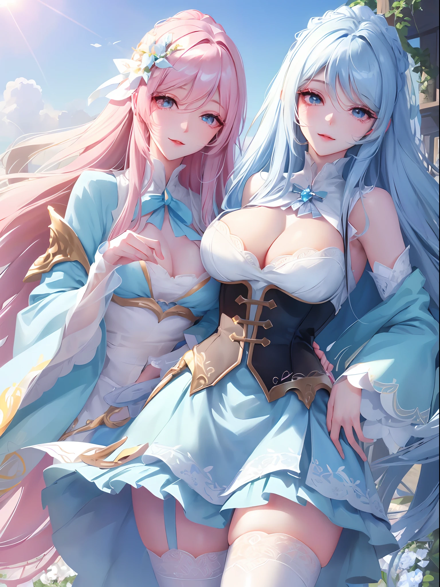 Official art, masutepiece, Sharp Focus, (Beautiful gorgeous cute European: 1.3), (Beautiful cute European: 1.3), European beauty, Delicate and beautiful hair, eyes and face, Realistic, super detailed, Beautiful Girl, Blue sky, glow white particle, (Side lighting: 1.2), Sunlight, white clouds, detailed clouds, slim, Beautiful oversized breasts and very large hips, Smile with teeth, ((Smile with eyes, open both eyes)), ornamented, Long straight hair, sexy facial expression, building, (Cityscape: 1.7), Dynamic Hair, Long straight hair, Detailed platinum pink hair, Glowing blue eyes, (blue pleated shirts + White skirt), White long socks, pale skin, Hair decoration, Epic Landscapes.Beautiful girl real photo 8k