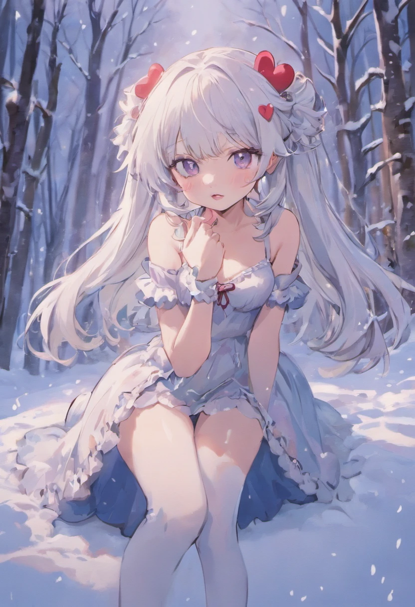 Lolita, long hair, cute, heart shaped pupils, solo, white hair, blushing, winter, snow, outdoors, not wearing bra, white stockings, sitting on ass, close up, short skirt, legs spread, not wearing pants, naked bottom half