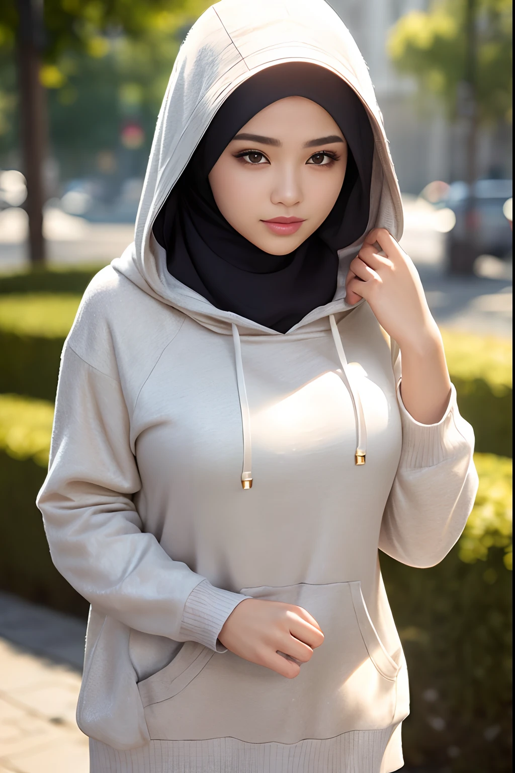 (Best quality, high resolution, masterpiece: 1.3), a beautiful malay woman in hijab, big breasts, slim figure, Best quality, high resolution, masterpiece: 1.3), beautiful Malay woman in hijab, big breasts, wearing a hooded sweater, ((hooded sweater:1.2)), (8k, RAW photo, photorealistic:1.25) ,( lipgloss, eyelashes, face sparkling, shiny skin, best quality, ultra high resolution, depth of field, chromatic aberration, caustic, broad lighting, natural shadows) looks at the viewer with serene goddess-like bliss, (highly detailed skin: 1.2), BREAK on a city street , (bokeh)