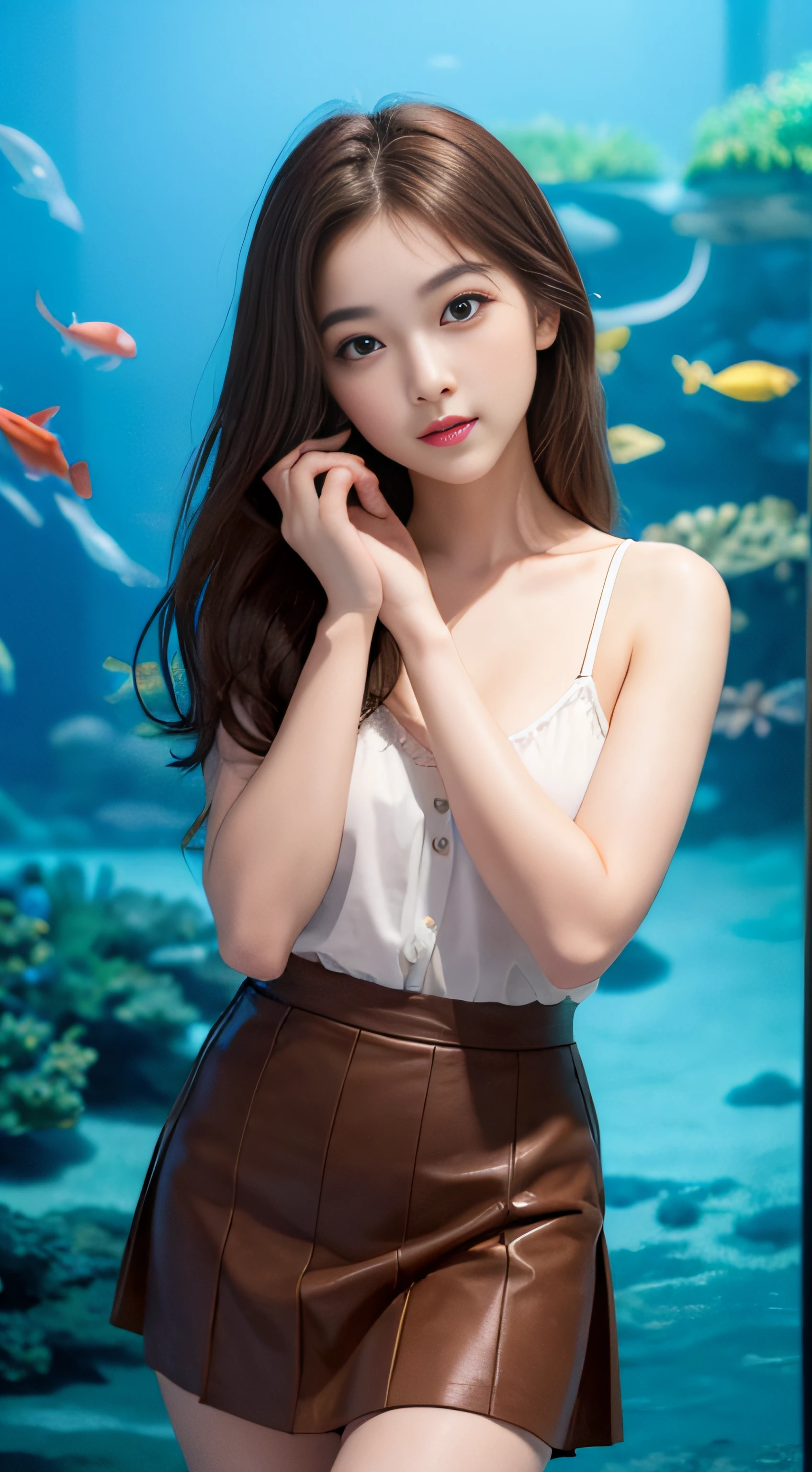 1girl in、Early 20s、(Super beautiful)、(ultra beautiful faces)、Wearing makeup、brown haired、(In front of the aquarium aquarium)、a miniskirt、Shallow depth of field