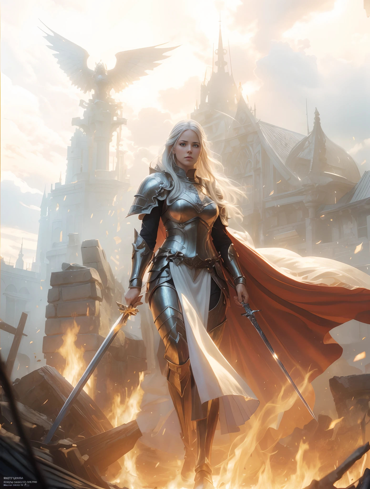 a woman with a sword in her left hand and a sword in her right hand walking through a fire, fantasy paladin woman, a beautiful silver white haired female knight, graphic artist magali villeneuve, gorgeous female paladin with a menacing intimidating face, high quality fantasy art, epic fantasy character art, (realistic, photo-realistic:1.37), (insanely detailed:1.3), 8k, (masterpiece), (best quality:1.4), (ultra high res:1.2), (RAW photo:1.2), professional lighting, cinematic realism