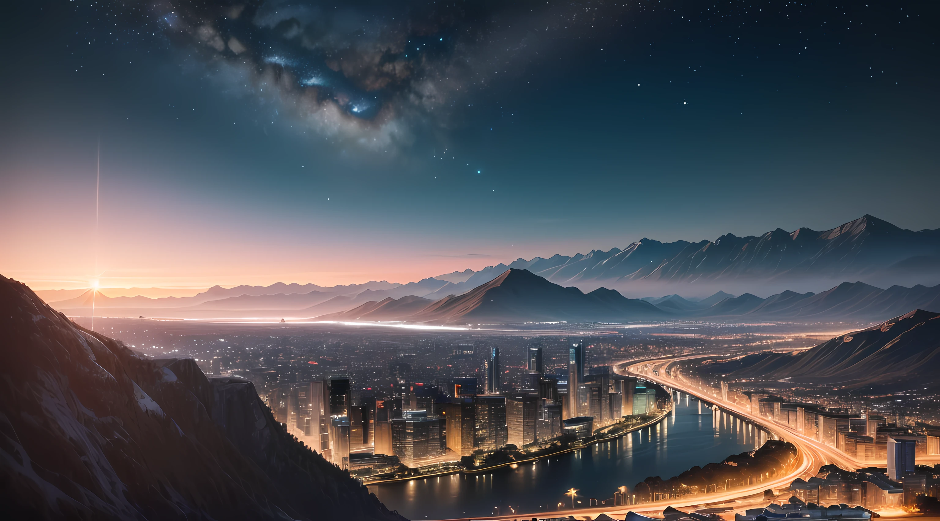 RAW photo of the landscape,small detailed,abstracted,8K UHD,Digital SLR,softlighting,high high quality,filmgrain,Fujifilm XT3,(tmasterpiece),city night scene,stars,the setting sun,abstracted,The sky is full of stars,As estrelas,城市,galactic,Realiy