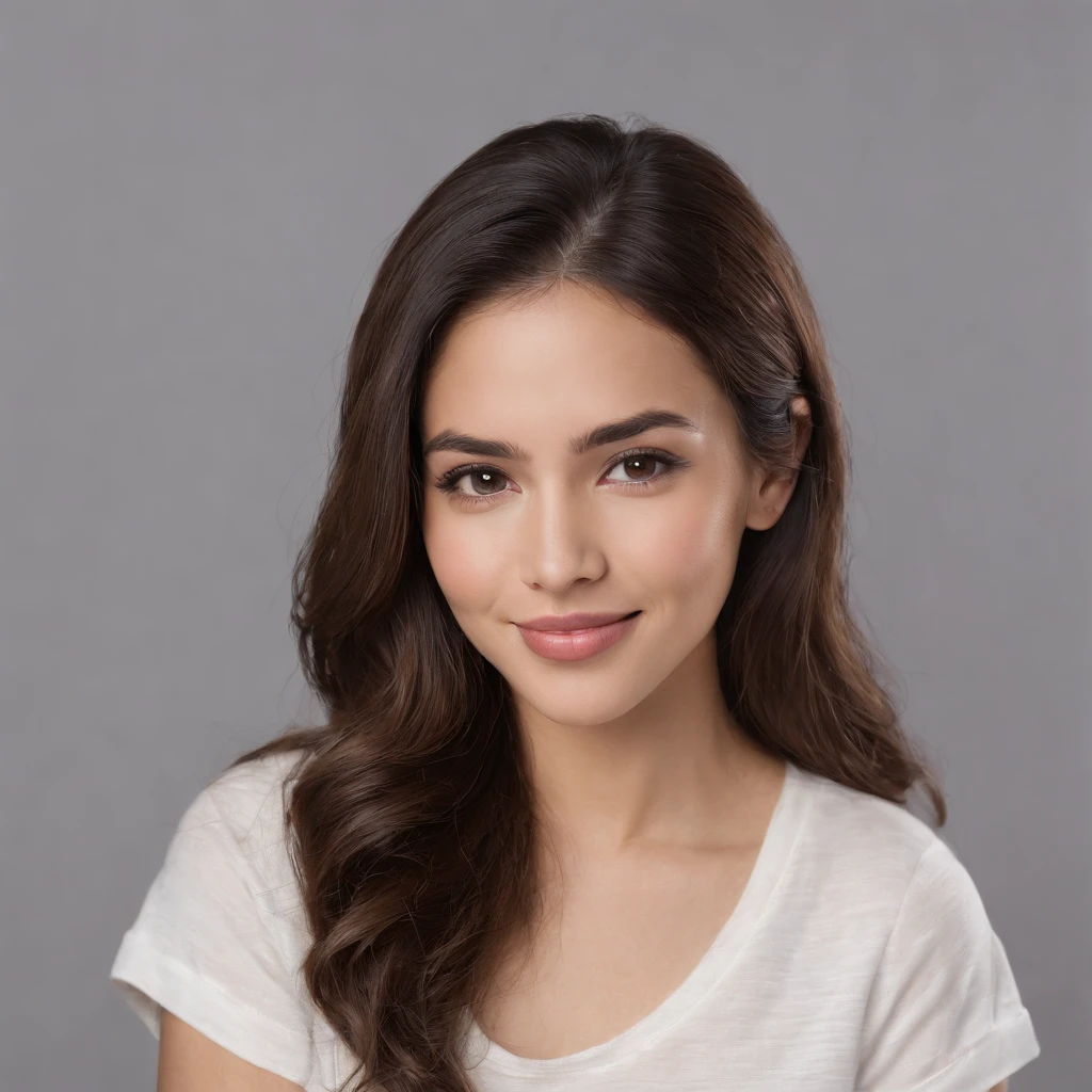 (Photo: 1.3) af (realism: 1.3), (Hispanic), Latina woman profile picture, (frontal close-up), soft light, clear face, happy, cheerful, warm light, white T-shirt, (off-white background), (blank background), ((gray wall background)) avatar, (long hair), smile, beautiful, young,, short hair, smile, (close-up)