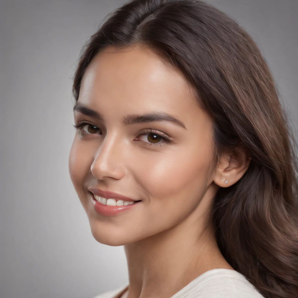 (Photo: 1.3) af (realism: 1.3), (Hispanic), Latina woman profile picture, (frontal close-up), soft light, clear face, happy, cheerful, warm light, white T-shirt, (off-white background), (blank background), ((gray wall background)) avatar, (long hair), smile, beautiful, young,, short hair, smile, (close-up)
