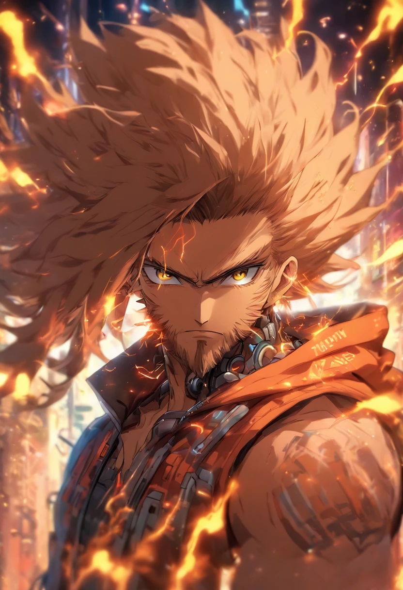 male with robotic arms wearing sleeveless hoodie, has brown eyes, brown ponytail, crackling energy, has light beard