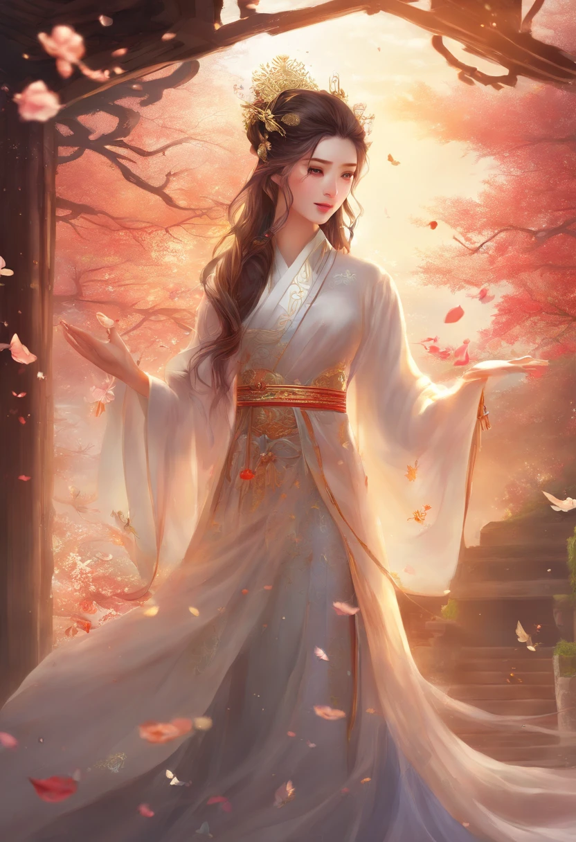 best quality, masterpiece, highres, (exquisite body: 1.5), beautiful face, (milky skin: 1.3), intricate details, high resolution, wallpaper, 1girl, solo, dress, hair ornament, ((((golden and red dress))), flowers, long hair, brown hair, closed mouth, jewelry, long sleeves, hand up, wide sleeves, big eyes, floating hair, chinese clothes, hanfu, embroidery, long skirt, natural pose, falling petals, interior, fanning, flashlight, 16K, HDR, highres, depth field, (film grain: 1.1), boken, golden hour, (lens flare), vignette, rainbow, (color rating: 1.5)