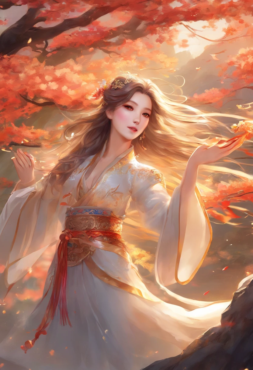 best quality, masterpiece, highres, (exquisite body: 1.5), beautiful face, (milky skin: 1.3), intricate details, high resolution, wallpaper, 1girl, solo, dress, hair ornament, ((((golden and red dress))), flowers, long hair, brown hair, closed mouth, jewelry, long sleeves, hand up, wide sleeves, big eyes, floating hair, chinese clothes, hanfu, embroidery, long skirt, natural pose,  falling petals, interior, fanning, flashlight, 16K, HDR, highres, depth field, (film grain: 1.1), boken, golden hour, (lens flare), vignette, rainbow, (color rating: 1.5)