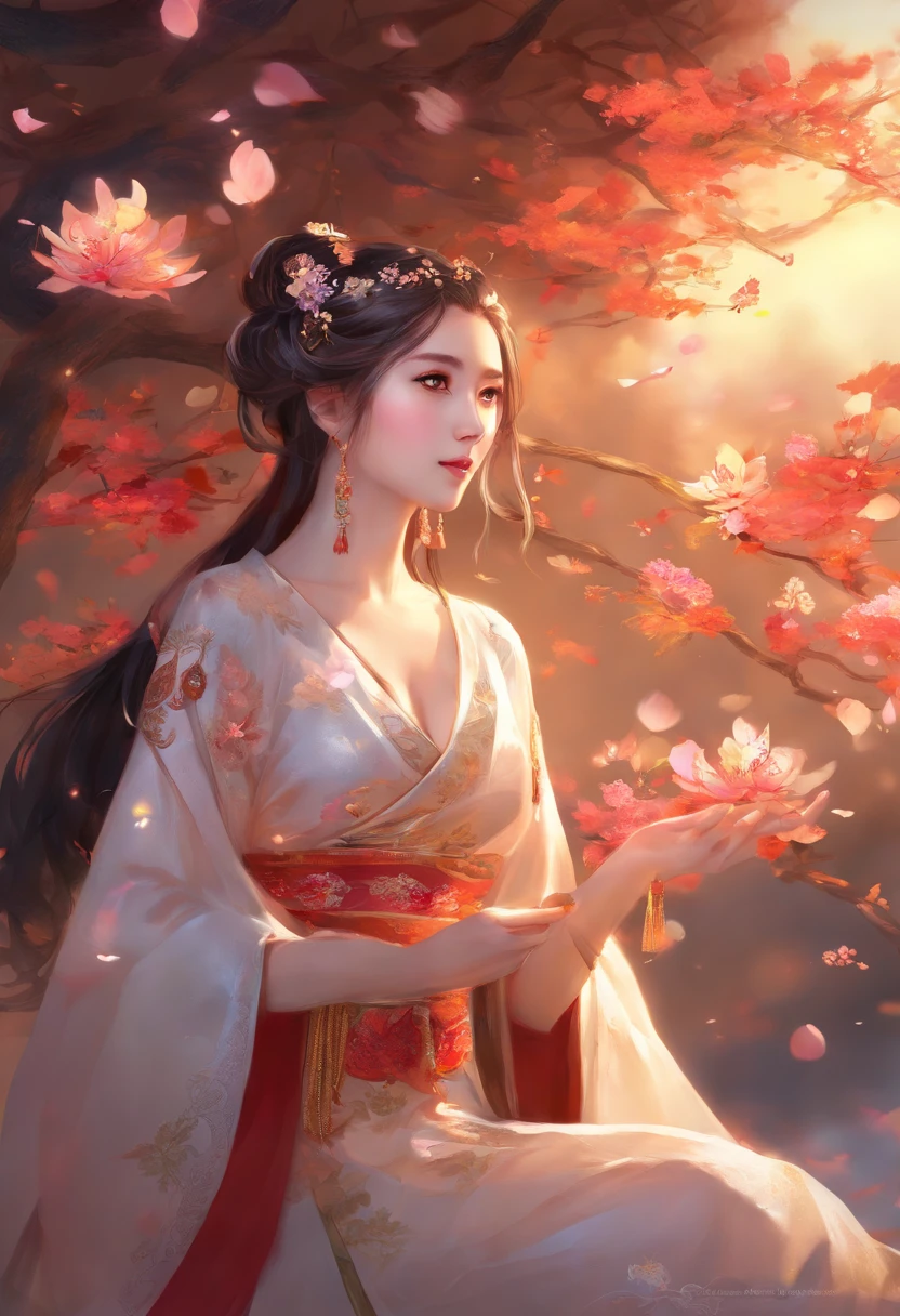 best quality, masterpiece, highres, (exquisite body: 1.5), beautiful face, (milky skin: 1.3), intricate details, high resolution, wallpaper, 1girl, solo, dress, hair ornament, ((((golden and red dress))), flowers, long hair, brown hair, closed mouth, jewelry, long sleeves, hand up, wide sleeves, big eyes, floating hair, chinese clothes, hanfu, embroidery, long skirt, natural pose,  falling petals, interior, fanning, flashlight, 16K, HDR, highres, depth field, (film grain: 1.1), boken, golden hour, (lens flare), vignette, rainbow, (color rating: 1.5)