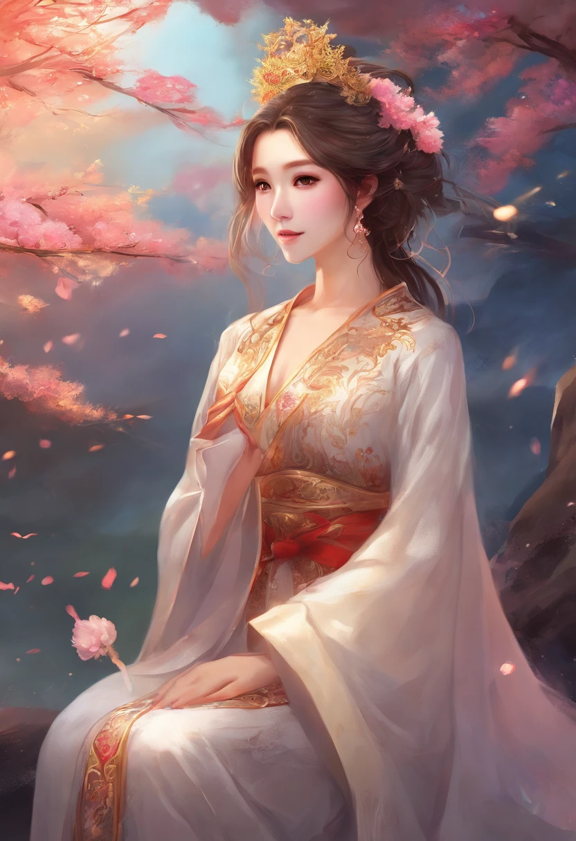 best quality, masterpiece, highres, (exquisite body: 1.5), beautiful face, (milky skin: 1.3), intricate details, high resolution, wallpaper, 1girl, solo, dress, hair ornament, ((((golden and red dress))), flowers, long hair, brown hair, closed mouth, jewelry, long sleeves, hand up, wide sleeves, big eyes, floating hair, chinese clothes, hanfu, embroidery, long skirt, natural pose,  falling petals, interior, fanning, flashlight, 16K, HDR, highres, depth field, (film grain: 1.1), boken, golden hour, (lens flare), vignette, rainbow, (color rating: 1.5)