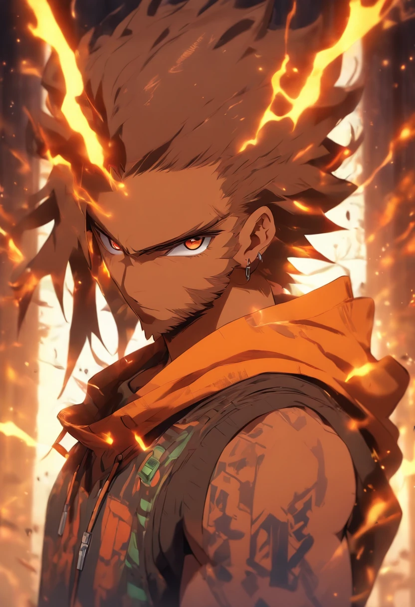 male with robotic arms wearing sleeveless hoodie, has brown eyes, brown ponytail, crackling energy, has light beard
