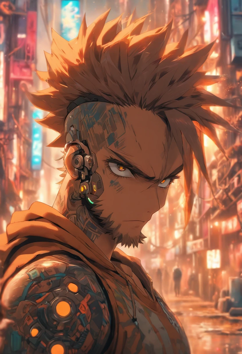 (best quality,highres,masterpiece:1.2),ultra-detailed,(realistic,photorealistic,photo-realistic:1.37),male with robotic arms wearing sleeveless hoodie,beautiful detailed brown eyes,beautiful detailed brown ponytail,extremely detailed crackling energy,light beard,vivid colors,sharp focus,physically-based rendering,ultra-fine painting,portraits,crisp lighting,industrial setting,silver robotic arms,modern backdrop,colorful tattoos,gritty atmosphere,post-apocalyptic vibes