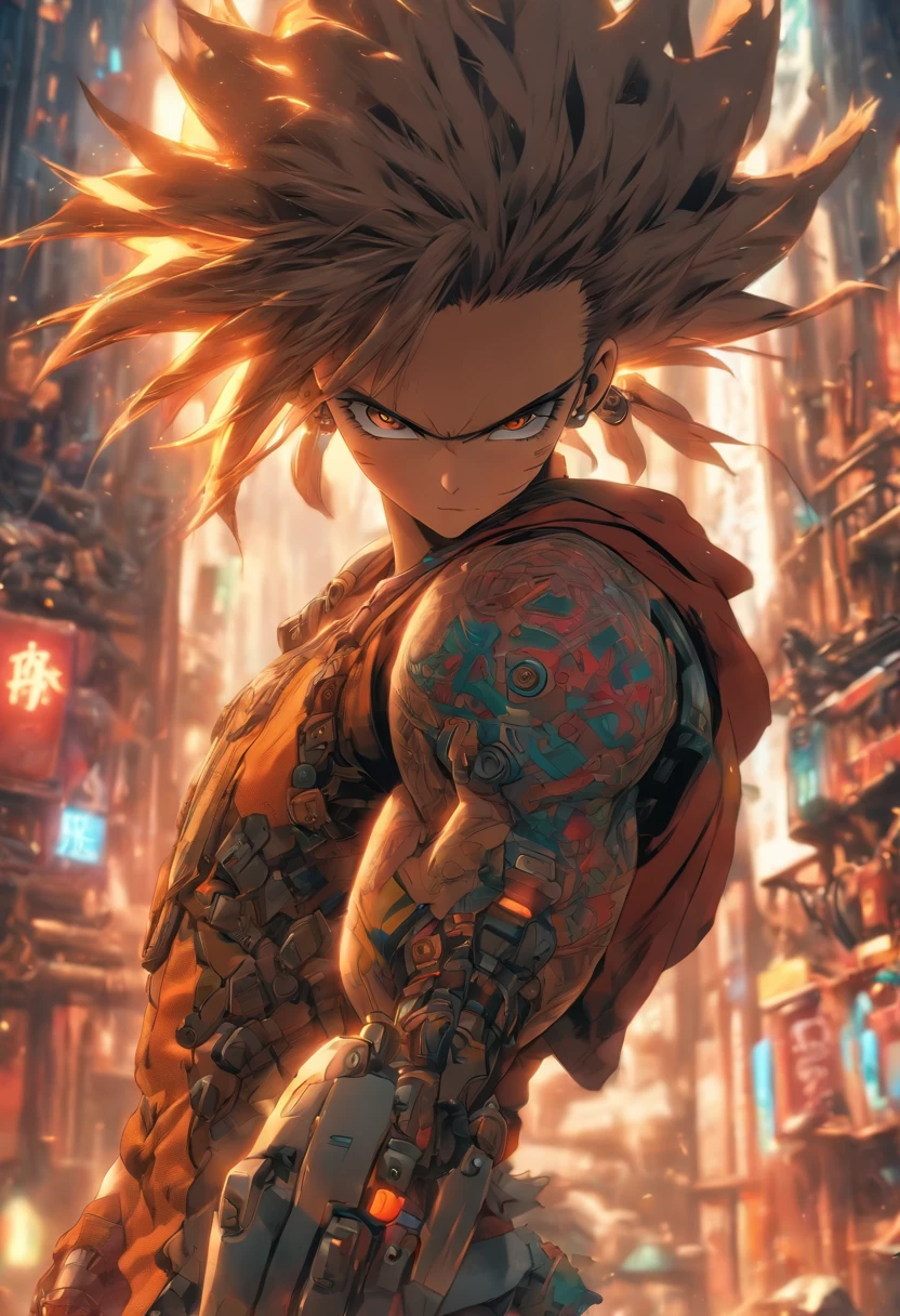(best quality,highres,masterpiece:1.2),ultra-detailed,(realistic,photorealistic,photo-realistic:1.37),male with robotic arms wearing sleeveless hoodie,beautiful detailed brown eyes,beautiful detailed brown ponytail,extremely detailed crackling energy,light beard,vivid colors,sharp focus,physically-based rendering,ultra-fine painting,portraits,crisp lighting,industrial setting,silver robotic arms,modern backdrop,colorful tattoos,gritty atmosphere,post-apocalyptic vibes