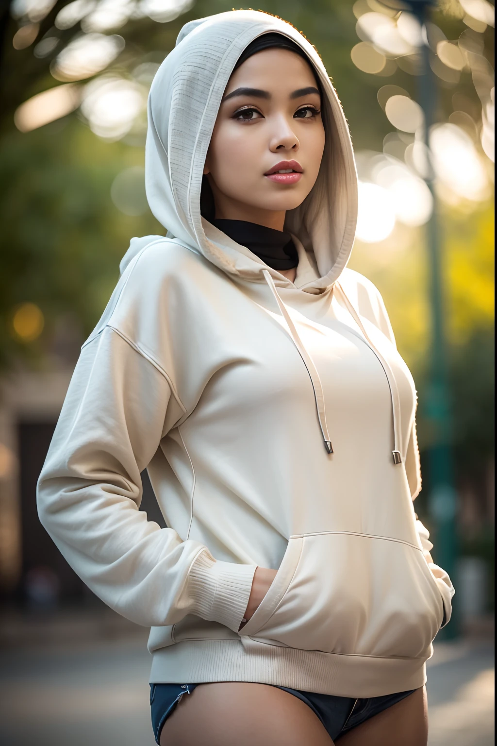 (Best quality, high resolution, masterpiece: 1.3), a beautiful malay woman in hijab, big breasts, slim figure, Best quality, high resolution, masterpiece: 1.3), beautiful Malay woman in hijab, big breasts, wearing a hooded sweater, ((hooded sweater:1.2)), (8k, RAW photo, photorealistic:1.25) ,( lipgloss, eyelashes, face sparkling, shiny skin, best quality, ultra high resolution, depth of field, chromatic aberration, caustic, broad lighting, natural shadows) looks at the viewer with serene goddess-like bliss, (highly detailed skin: 1.2), BREAK on a city street , (bokeh)