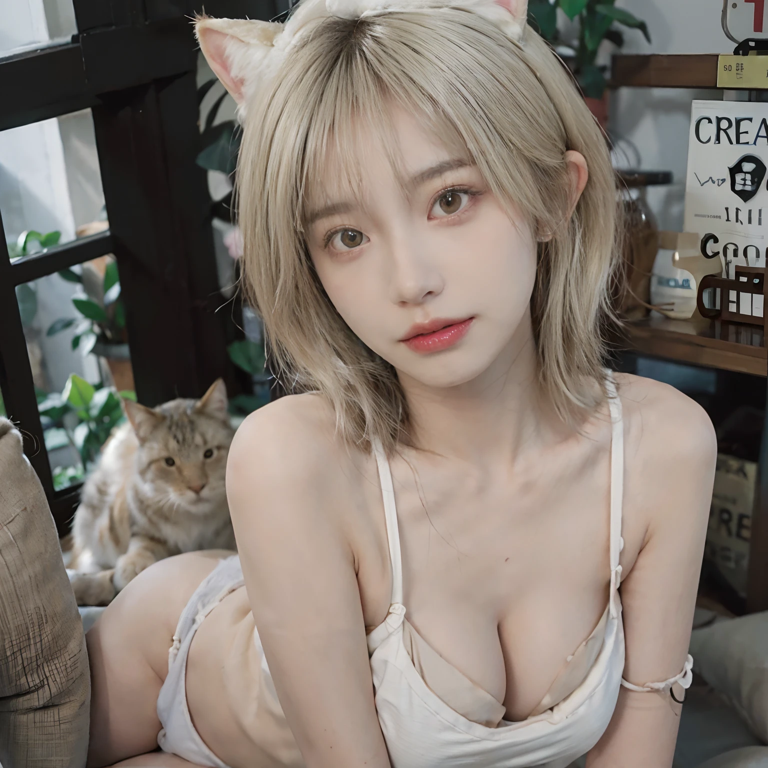 8K,((NSFW))、(Sexy poses collection)、((in one's underwear only))、(((Cream hair color))) 、undersized head、Best Quality, masutepiece, Ultra High Resolution, (Realism: 1.4), Original photo, (True skin texture: 1.3), (Film grain: 1.3), Beautiful eyes and face details, masutepiece, Best Quality, close up, Full body、short-cut、18year old、Cream-colored cat ears