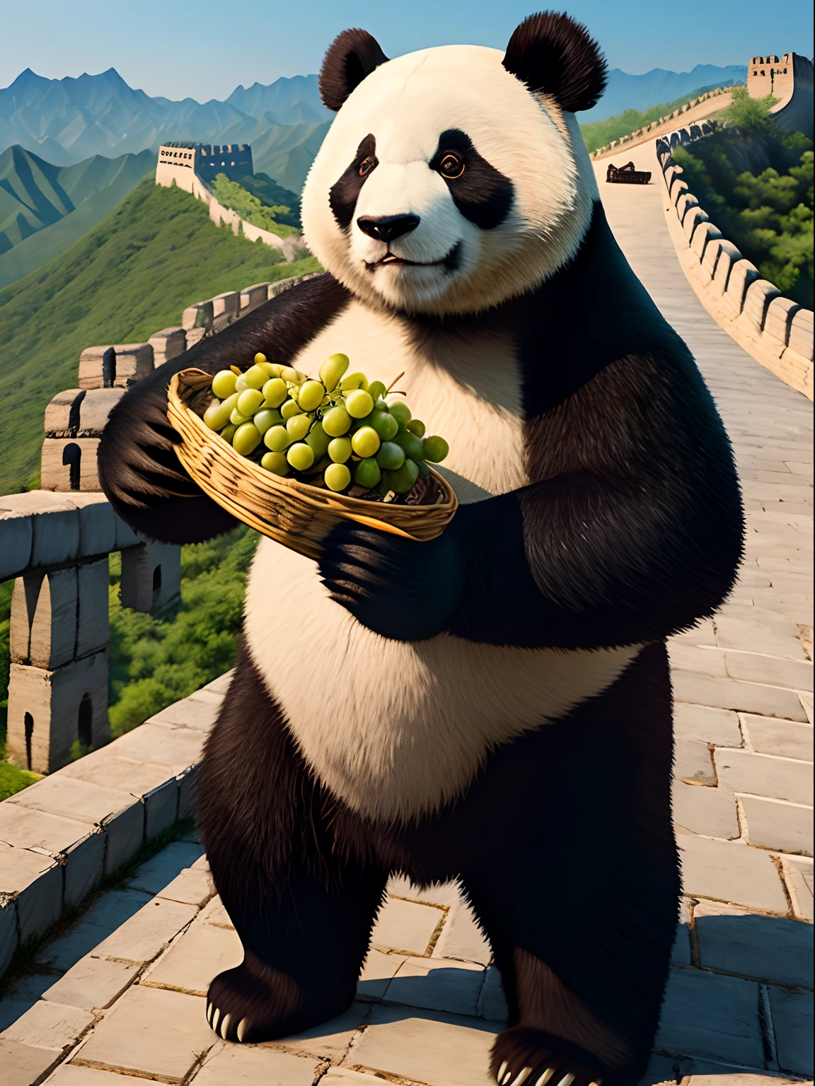 Giant panda holding grapes in his hand,Stand on the Great Wall and take pictures,Realistic shots