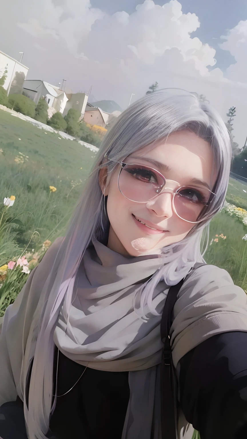 Anime girl in the anime style of the 80s sitting in a field of flowers and looking at the camera, smiling. pastel-colored
