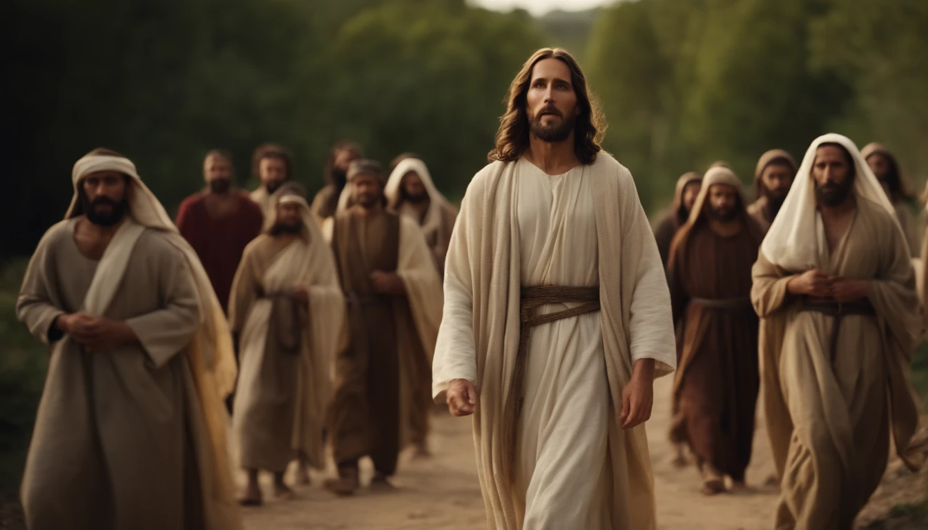 jesus cristo caminhando pela estrada, some disciples go with him, um homem quer conversando com jesus