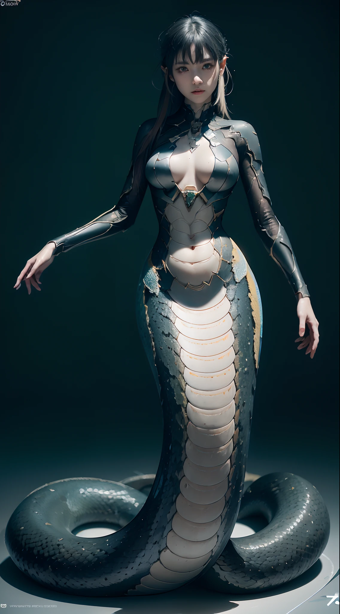 ((best qualtiy)), ((tmasterpiece)), (the detail:1.4),。.。.。.。.。.。.。.3D, A beautiful cyberpunk female image,(Elongated snake tail:1.3),mechanical snakes,The body is flat and stretched out like the body of the king cobra,sci-fy,hdr(HighDynamicRange),Ray traching,NVIDIA RTX,Hyper-Resolution,Unreal 5,Subsurface scattering、PBR Texture、post-proces、Anisotropy Filtering、depth of fields、maximum definition and sharpness、Many-Layer Textures、Albedo e mapas Speculares、Surface coloring、Accurate simulation of light-material interactions、perfectly proportions、rendering by octane、Two-colored light、Low ISO、White balance、the rule of thirds、8K raw data、