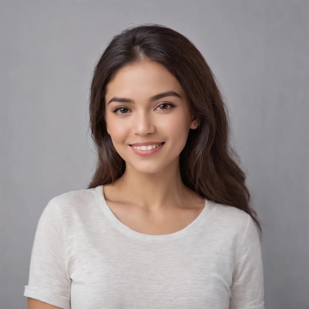 (Photo: 1.3) af (realism: 1.3), (Hispanic), Latina woman profile picture, (frontal close-up), soft light, clear face, happy, cheerful, warm light, white T-shirt, (off-white background), (blank background), ((gray wall background)) avatar, (long hair), smile, beautiful, young,, short hair, smile, (close-up)