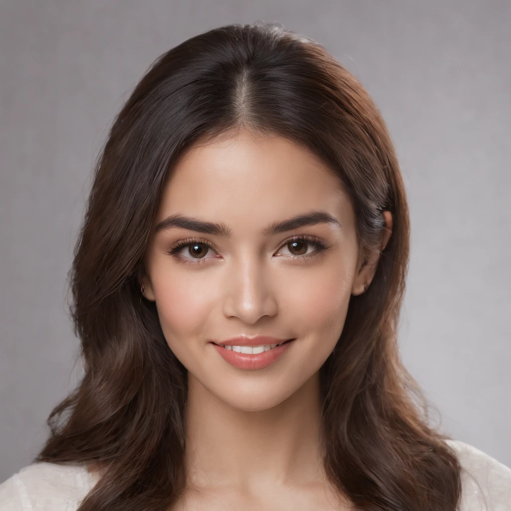 (Photo: 1.3) af (realism: 1.3), (Hispanic), Latina woman profile picture, (frontal close-up), soft light, clear face, happy, cheerful, warm light, white T-shirt, (off-white background), (blank background), ((gray wall background)) avatar, (long hair), smile, beautiful, young,, short hair, smile, (close-up)