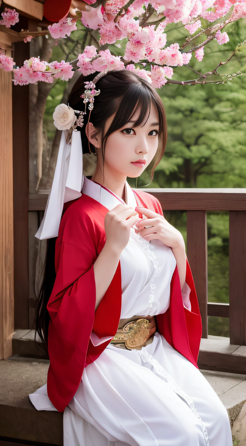 hightquality、masterpiece、ultra res、a beauty girl、cute girl face、temple、shrine maiden、Wearing priestess clothes、full bodyesbian、Famous actresses of Japan、very beautiful face