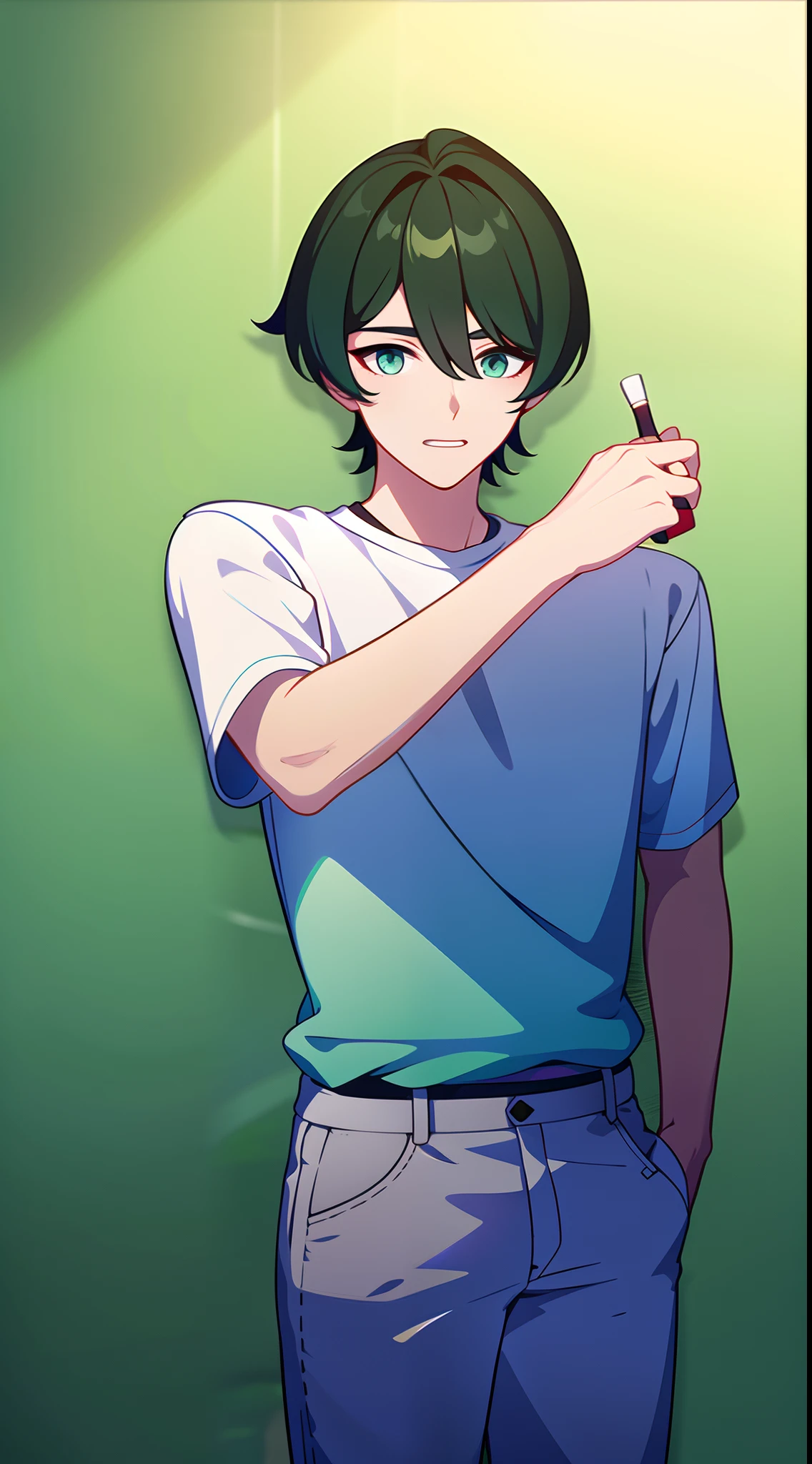 young boy, short turquoise hair, high ponytail, Green eyes, White beautiful shirt, pants, brushes, Masterpiece, hiquality, 4k, HD, Good detail