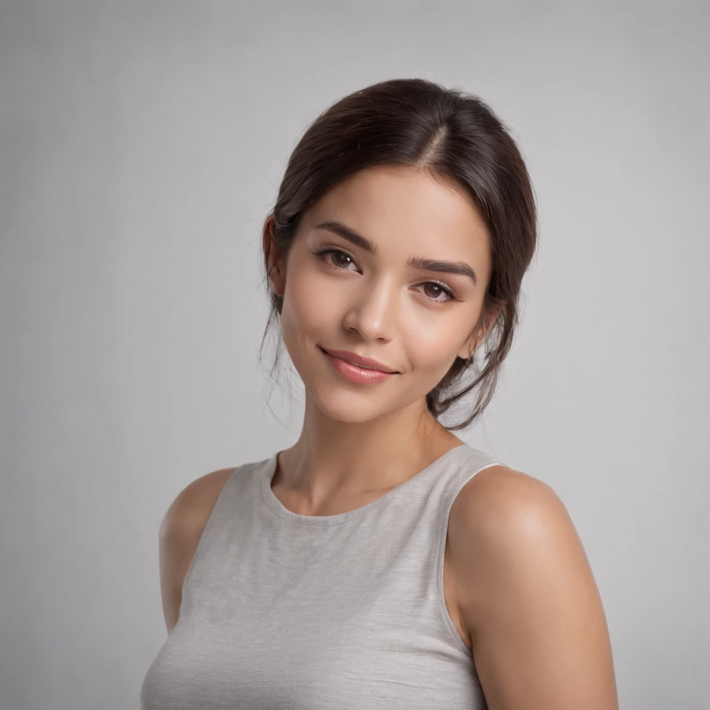(Photo: 1.3) af (realism: 1.3), (Hispanic), Latina woman profile picture, (frontal close-up), soft light, clear face, happy, cheerful, warm light, white T-shirt, (off-white background), (blank background), ((gray wall background)) avatar, (long hair), smile, beautiful, young,, short hair, smile, (close-up)