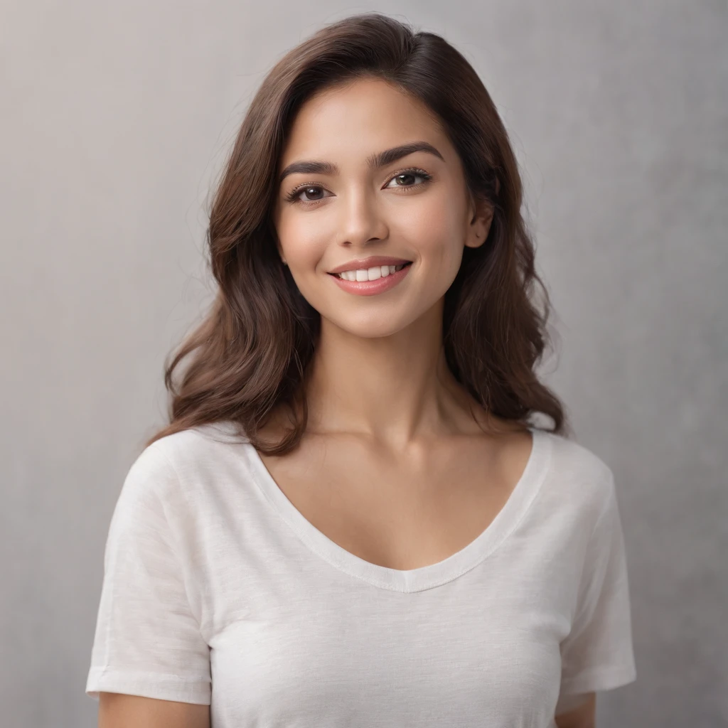 (Photo: 1.3) af (realism: 1.3), (Hispanic), Latina woman profile picture, (frontal close-up), soft light, clear face, happy, cheerful, warm light, white T-shirt, (off-white background), (blank background), ((gray wall background)) avatar, (long hair), smile, beautiful, young,, short hair, smile, (close-up)
