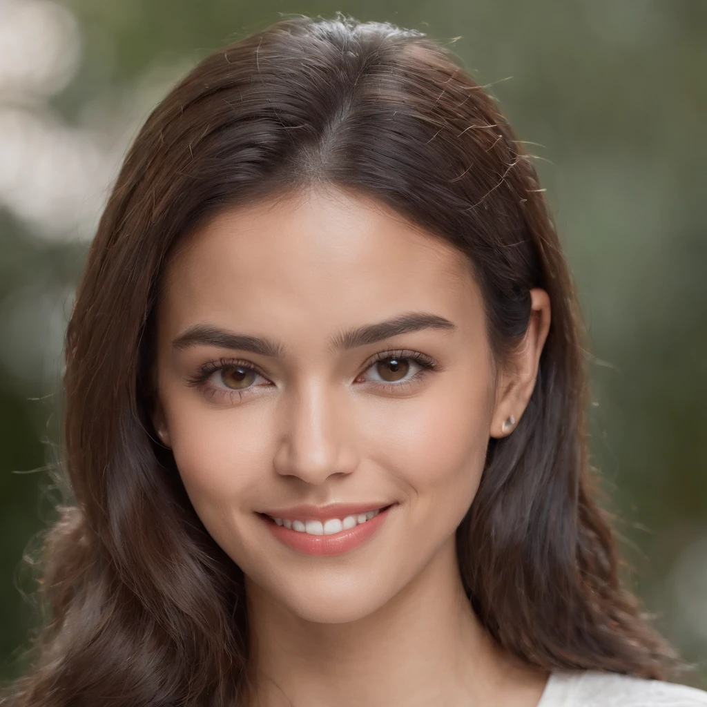 (Photo: 1.3) af (realism: 1.3), (Hispanic), Latina woman profile picture, (frontal close-up), soft light, clear face, happy, cheerful, warm light, white T-shirt, (off-white background), (blank background), ((gray wall background)) avatar, (long hair), smile, beautiful, young,, short hair, smile, (close-up)