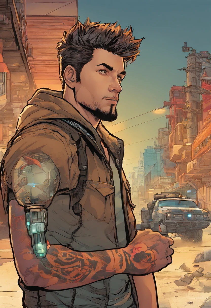 (best quality,highres,masterpiece:1.2),ultra-detailed,(realistic,photorealistic,photo-realistic:1.37),male with robotic arms wearing sleeveless hoodie,beautiful detailed brown eyes,beautiful detailed brown ponytail,extremely detailed crackling energy,light beard,vivid colors,sharp focus,physically-based rendering,ultra-fine painting,portraits,crisp lighting,industrial setting,silver robotic arms,modern backdrop,colorful tattoos,gritty atmosphere,post-apocalyptic vibes