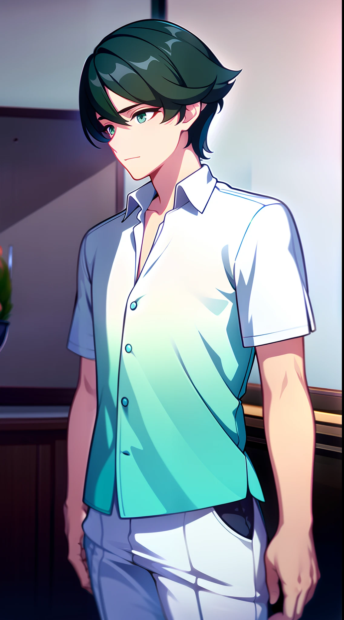young boy, short turquoise hair, high ponytail, Green eyes, White beautiful shirt, pants, brushes, Masterpiece, hiquality, 4k, HD, Good detail