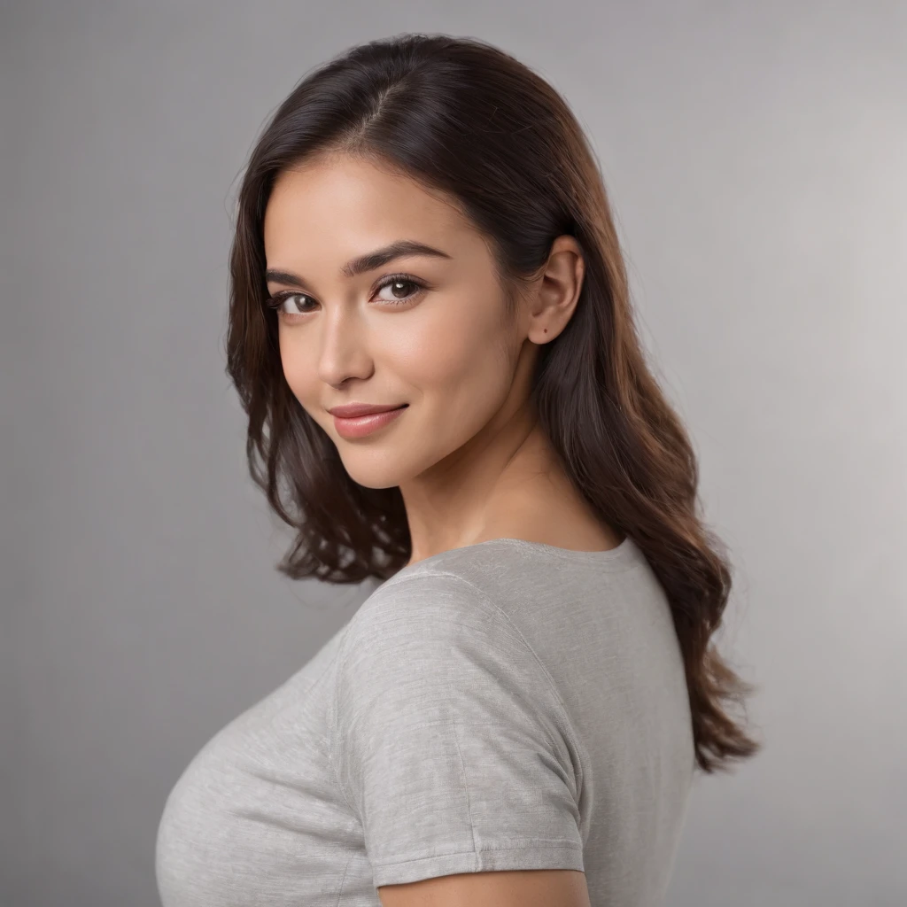 (Photo: 1.3) af (realism: 1.3), (Hispanic), Latina woman profile picture, (frontal close-up), soft light, clear face, happy, cheerful, warm light, white T-shirt, (off-white background), (blank background), ((gray wall background)) avatar, (long hair), smile, beautiful, young,, short hair, smile, (close-up)