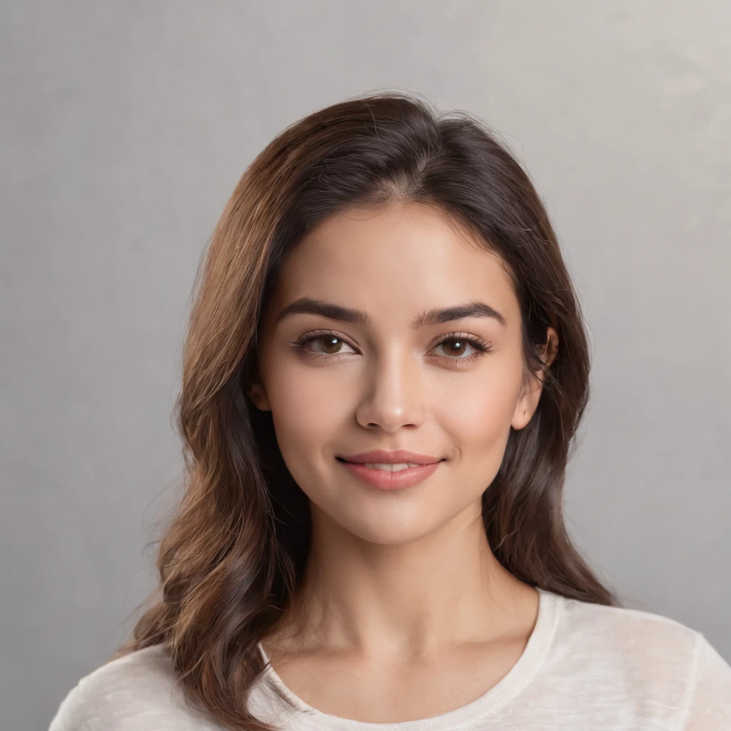(Photo: 1.3) af (realism: 1.3), (Hispanic), Latina woman profile picture, (frontal close-up), soft light, clear face, happy, cheerful, warm light, white T-shirt, (off-white background), (blank background), ((gray wall background)) avatar, (long hair), smile, beautiful, young,, short hair, smile, (close-up)