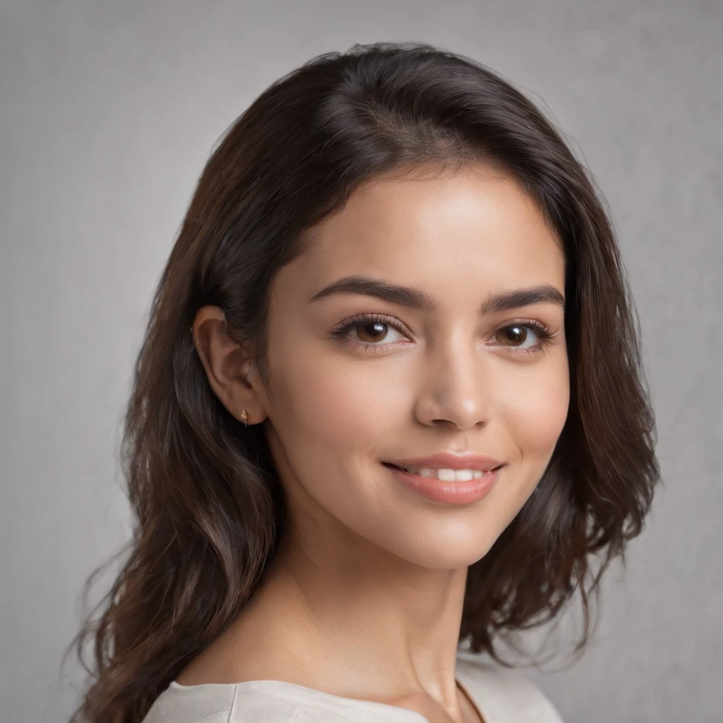 (Photo: 1.3) af (realism: 1.3), (Hispanic), Latina woman profile picture, (frontal close-up), soft light, clear face, happy, cheerful, warm light, white T-shirt, (off-white background), (blank background), ((gray wall background)) avatar, (long hair), smile, beautiful, young,, short hair, smile, (close-up)