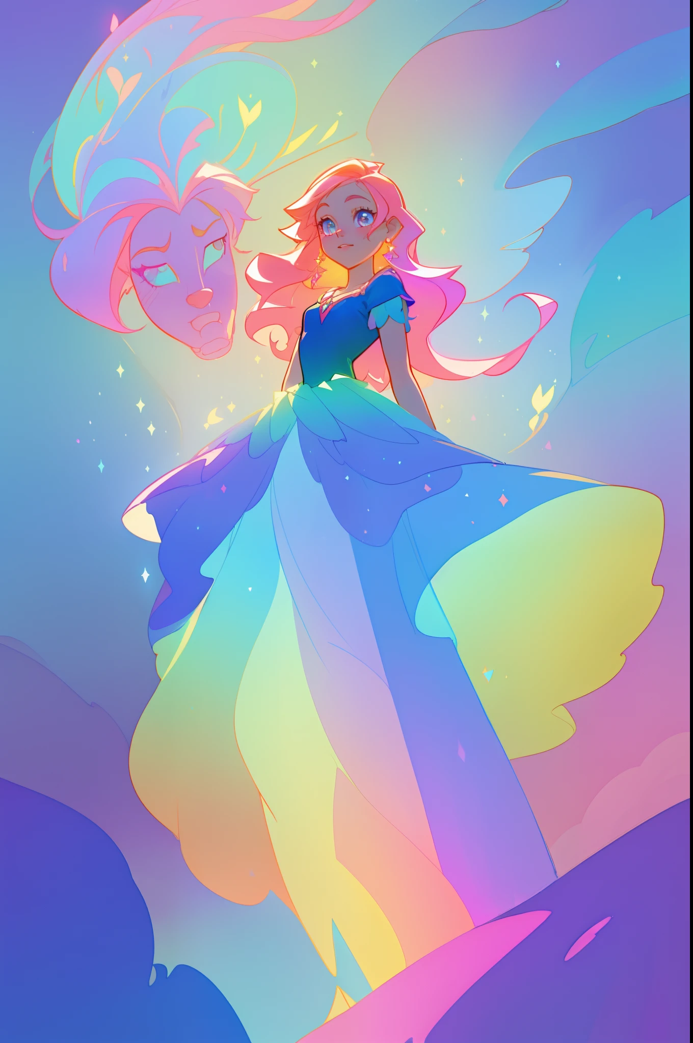 beautiful girl in colorful layered ballgown, (tiered multi-layered ballgown), vibrant pastel colors, (colorful), magical lights, sparkling lines of light, inspired by Glen Keane, inspired by Lois van Baarle, disney art style, by Lois van Baarle, glowing aura around her, by Glen Keane, jen bartel, glowing lights! digital painting, flowing glowing hair, glowing flowing hair, beautiful digital illustration, fantasia background, whimsical, magical, fantasy, beautiful face, ((masterpiece, best quality)), intricate details, highly detailed, sharp focus, 8k resolution, sparkling detailed eyes, liquid watercolor