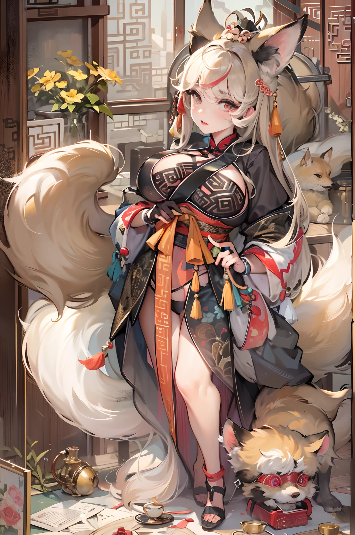 a beauty girl,Mature face,a matural female,Fluffy tail hair,Ultra-loose underwear,clothes slipping off,Anterior convex and posterior,Straight chest,Ruddy complexion,Huge fox tail,nabel,(huge tit),adventurer,tit,areola of breast,pantiess,Stockings,Human Services Group,((illustrated)),split,((Chinese tradition)),(Sex workers),(Prostitutes)