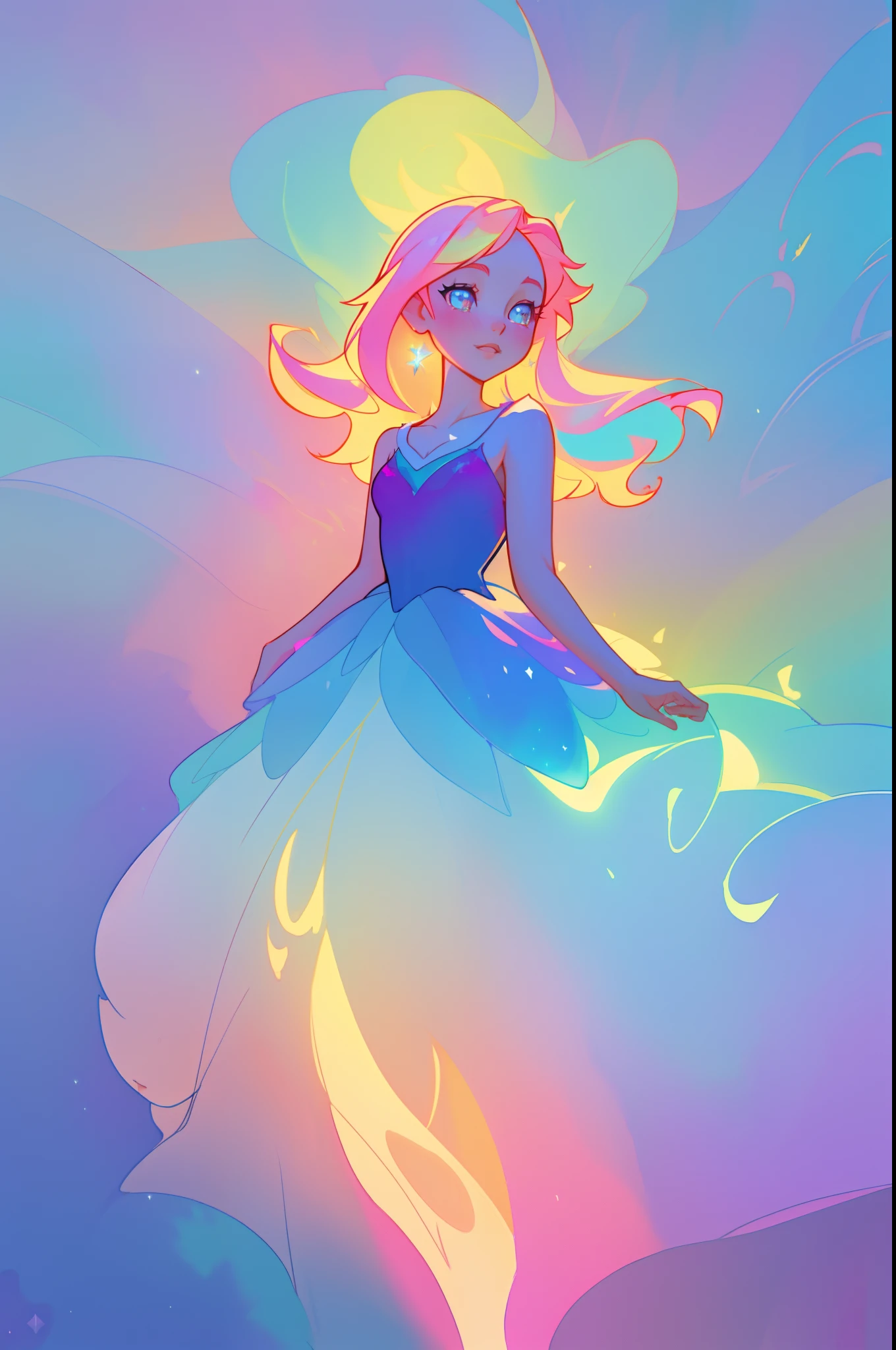 beautiful girl in colorful layered ballgown, (tiered multi-layered ballgown), vibrant pastel colors, (colorful), magical lights, sparkling lines of light, inspired by Glen Keane, inspired by Lois van Baarle, disney art style, by Lois van Baarle, glowing aura around her, by Glen Keane, jen bartel, glowing lights! digital painting, flowing glowing hair, glowing flowing hair, beautiful digital illustration, fantasia background, whimsical, magical, fantasy, beautiful face, ((masterpiece, best quality)), intricate details, highly detailed, sharp focus, 8k resolution, sparkling detailed eyes, liquid watercolor
