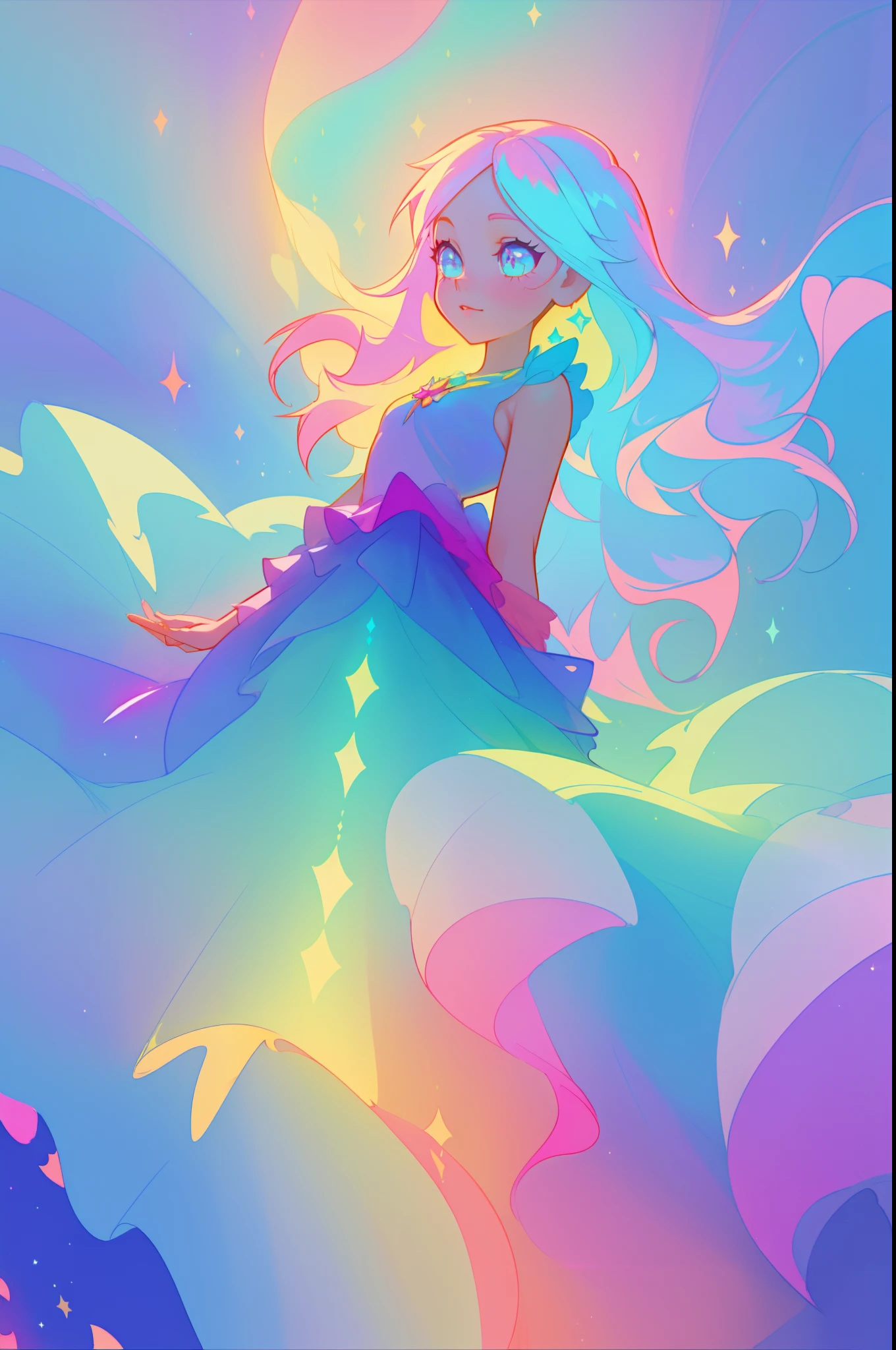 beautiful girl in colorful layered ballgown, (tiered multi-layered ballgown), vibrant pastel colors, (colorful), magical lights, sparkling lines of light, inspired by Glen Keane, inspired by Lois van Baarle, disney art style, by Lois van Baarle, glowing aura around her, by Glen Keane, jen bartel, glowing lights! digital painting, flowing glowing hair, glowing flowing hair, beautiful digital illustration, fantasia background, whimsical, magical, fantasy, beautiful face, ((masterpiece, best quality)), intricate details, highly detailed, sharp focus, 8k resolution, sparkling detailed eyes, liquid watercolor