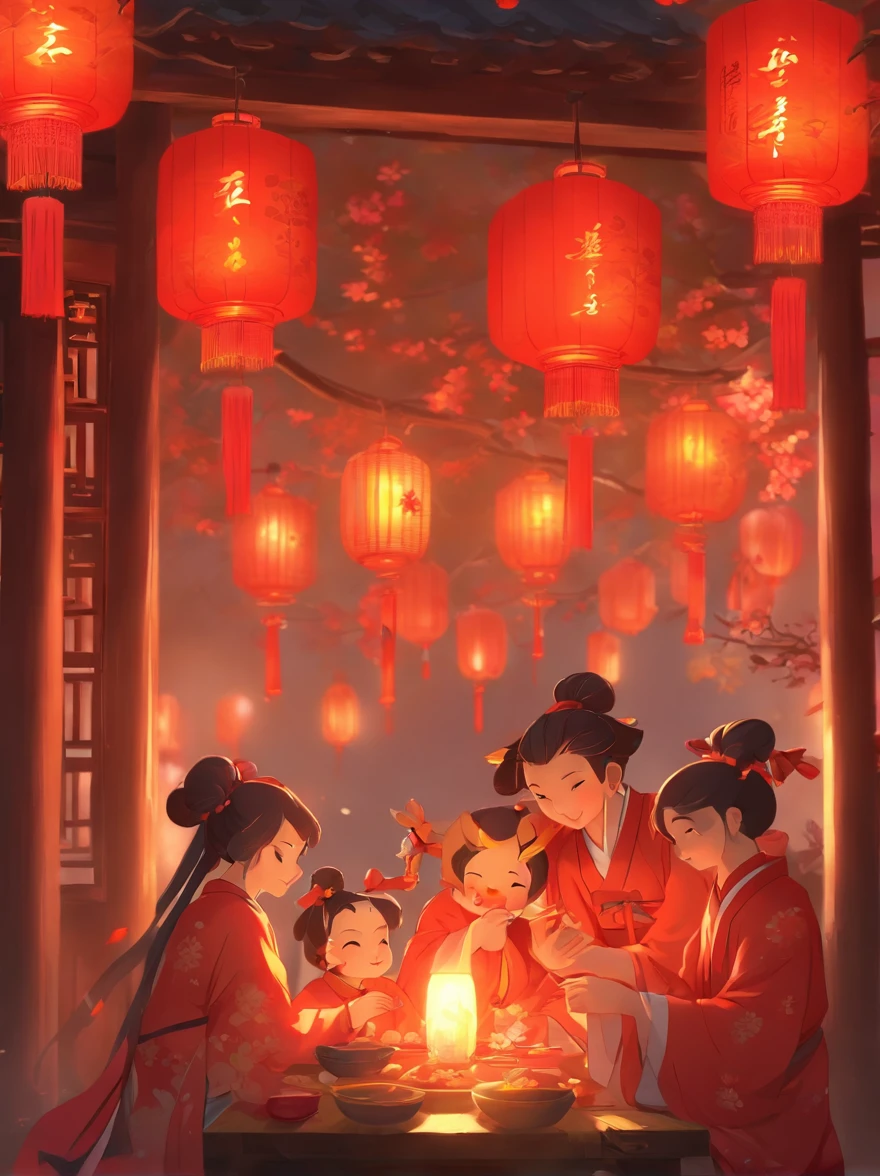 mid-autumn festival,The background is the full moon,The family sits together, Eating a reunion dinner, Sipping osmanthus wine,There are red lanterns hanging in front of the house,The table is filled with a variety of delicacies,Moon cake, Warm and nice atmosphere,The scene was cheerful, Family reunion,traditional Chinese festivals,Reunion Day,official aesthetics,The best of the kind,8k wallpaper,Movie lighting,